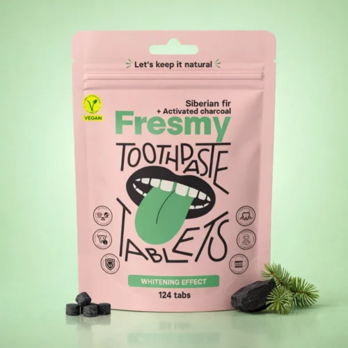 Siberian fir + activated charcoal toothpaste tablets in paper bag, 124pc / Siberi nulu ja aktiivsöega hambapasta tabletid paberpakendis, 124tk