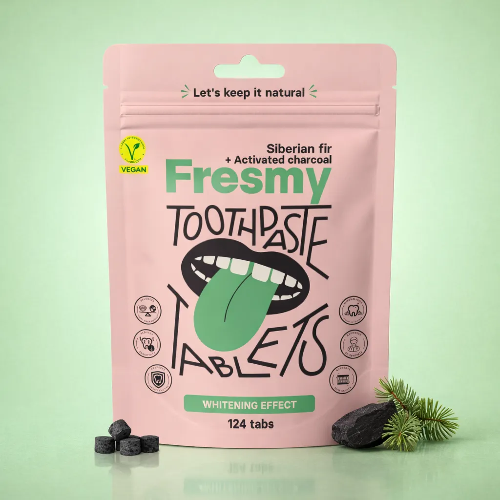 Siberian fir + activated charcoal toothpaste tablets in paper bag, 124pc / Siberi nulu ja aktiivsöega hambapasta tabletid paberpakendis, 124tk