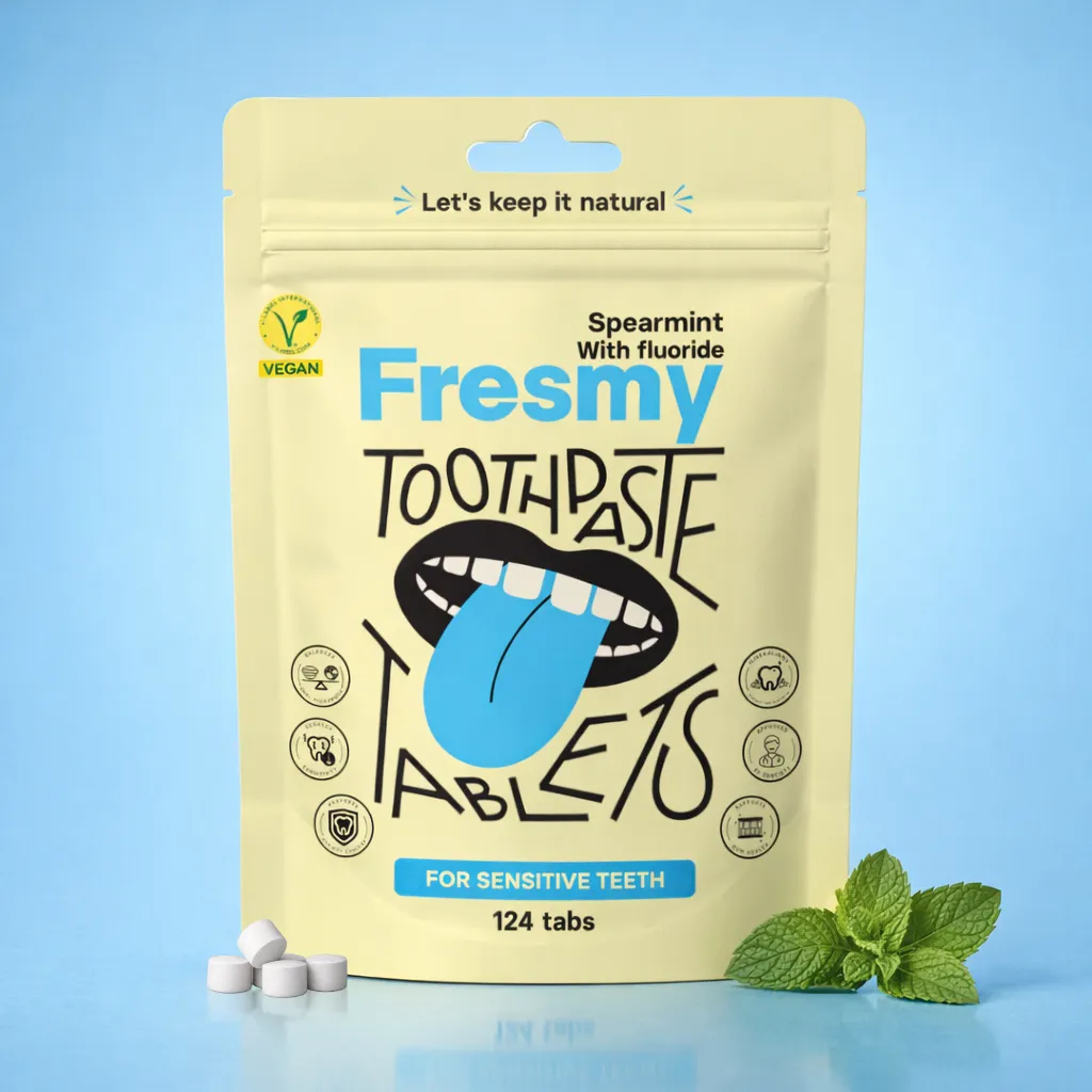 N124_Spearmint_studio_webpage_tabs Spearmint (with Fluoride) toothpaste tablets in paper bag, 124pc / Rohemündi (fluoriidiga) hambapasta tabletid paberpakendis, 124tk