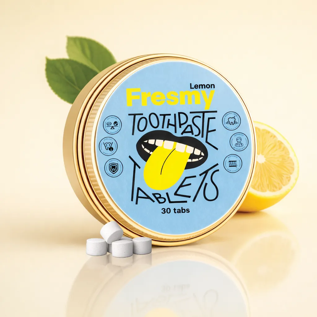 Lemon toothpaste tablets in aluminium tin, 30 tablets