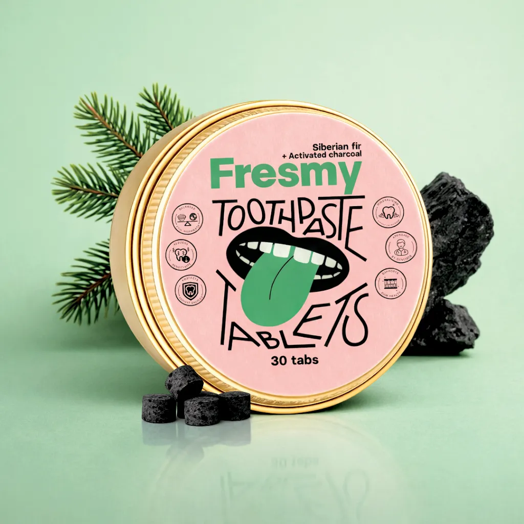 Siberian fir + activated charcoal toothpaste tablets in aluminium tin, 30 tablets