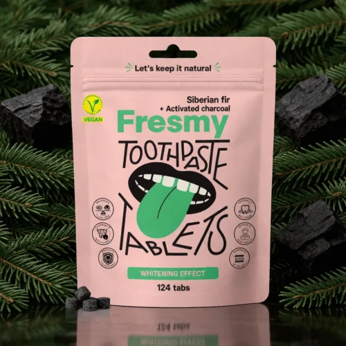 Siberian fir + activated charcoal toothpaste tablets in paper bag, 124pc | SUBSCRIPTION / Siberi nulu ja aktiivsöega hambapasta tabletid paberpakendis, 124tk | PÜSITELLIMUS