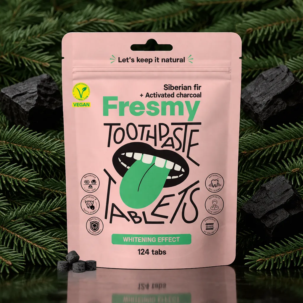 N124_Siberian_fir_sub_webpage_tabs Siberian fir + activated charcoal toothpaste tablets in paper bag, 124pc | SUBSCRIPTION / Siberi nulu ja aktiivsöega hambapasta tabletid paberpakendis, 124tk | PÜSITELLIMUS