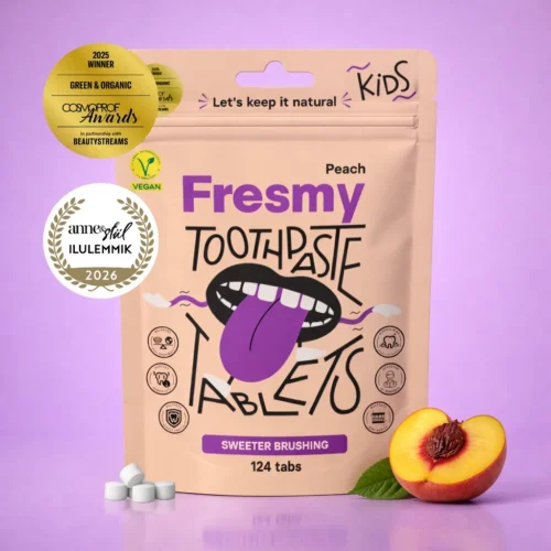 Peach Toothpaste Tablets for Kids in paper bag | Virsiku hambapastatabletid lastele paberpakendis, 124tk