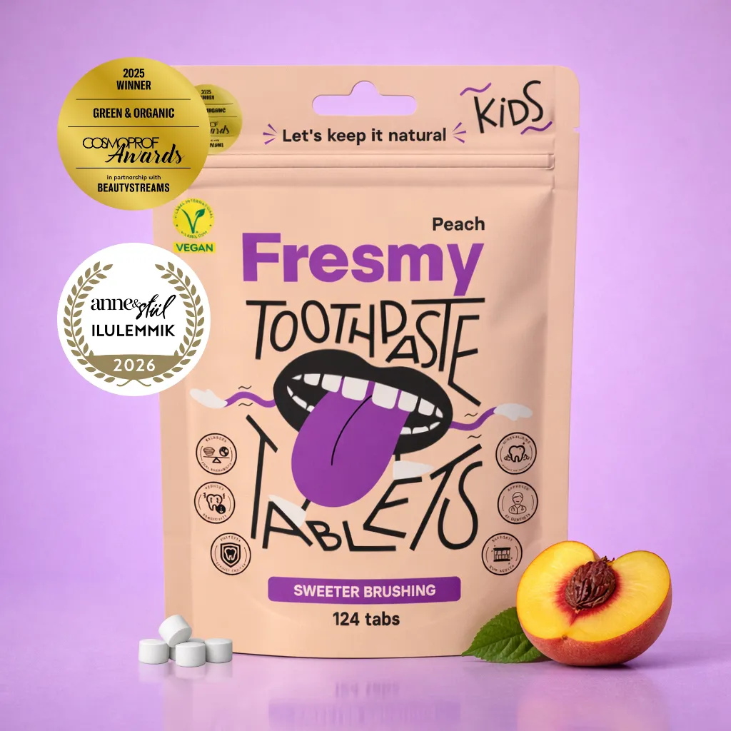 Peach Toothpaste Tablets for Kids in paper bag | Virsiku hambapastatabletid lastele paberpakendis, 124tk
