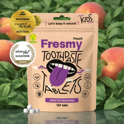 Peach Toothpaste Tablets for Kids in paper bag, 124pc | SUBSCRIPTION / Virsiku hambapasta tabletid lastele paberpakendis, 124tk | PÜSITELLIMUS