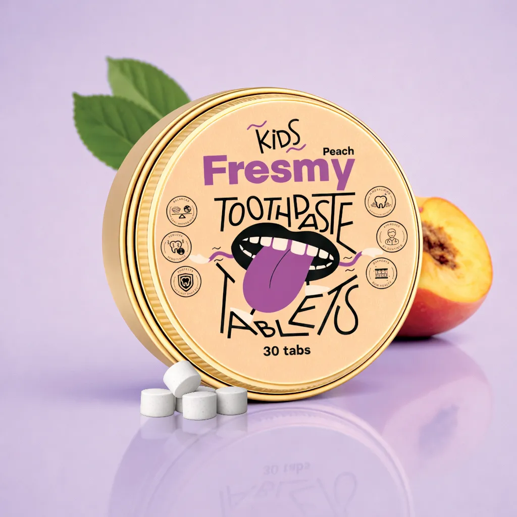 Peach Toothpaste Tablets for Kids in aluminium tin, 30pc / Virsiku hambapasta tabletid lastele alumiinium purgis, 30tk
