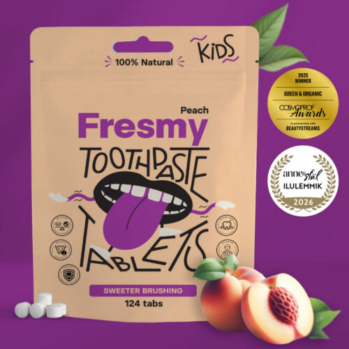 Peach Toothpaste Tablets for Kids in paper bag | Virsiku hambapastatabletid lastele paberpakendis, 124tk