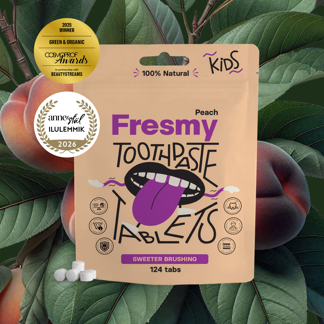 Peach Toothpaste Tablets for Kids in paper bag, 124pc | SUBSCRIPTION / Virsiku hambapasta tabletid lastele paberpakendis, 124tk | PÜSITELLIMUS